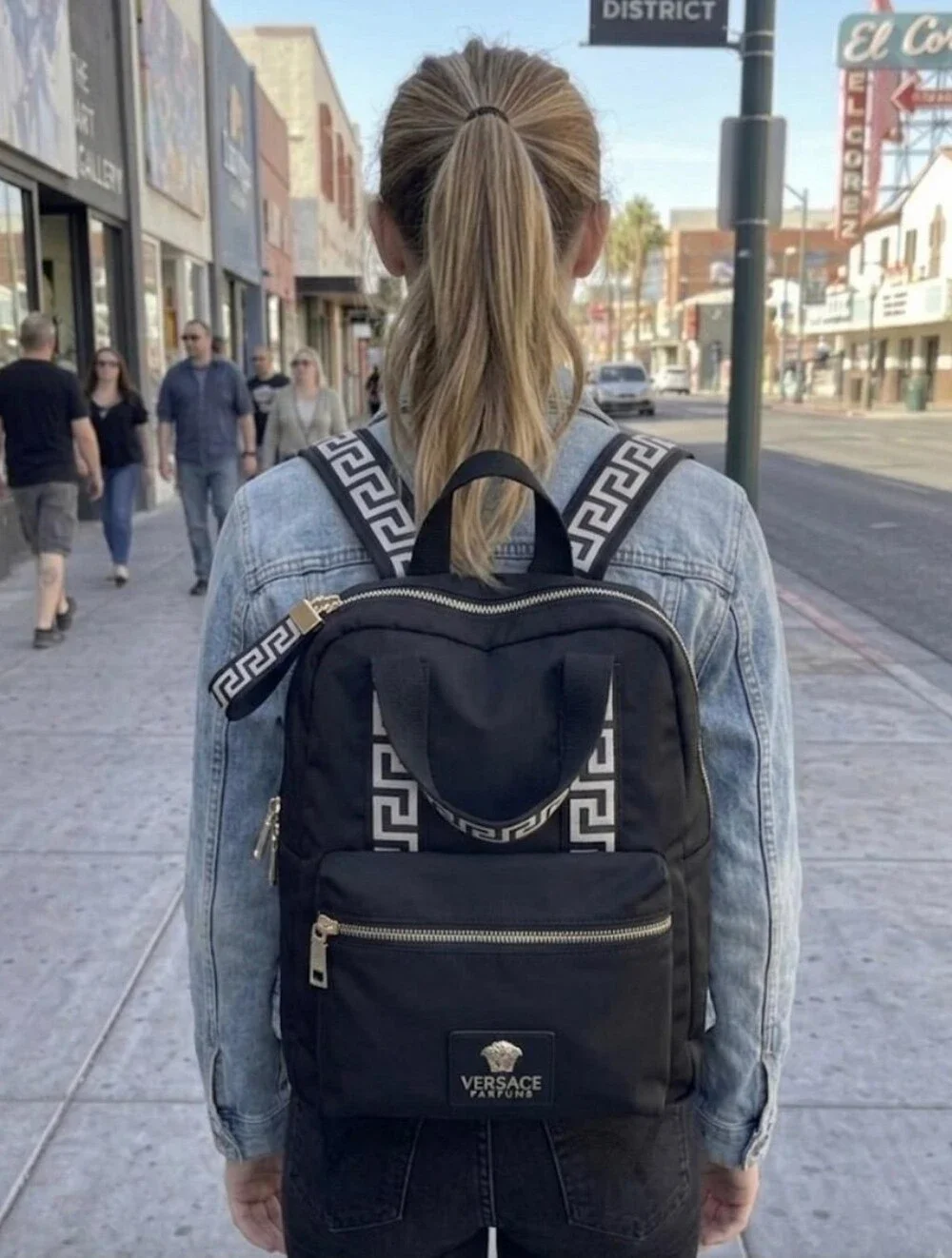 Versace Parfums, Black Unisex Backpack with Silver Hardware